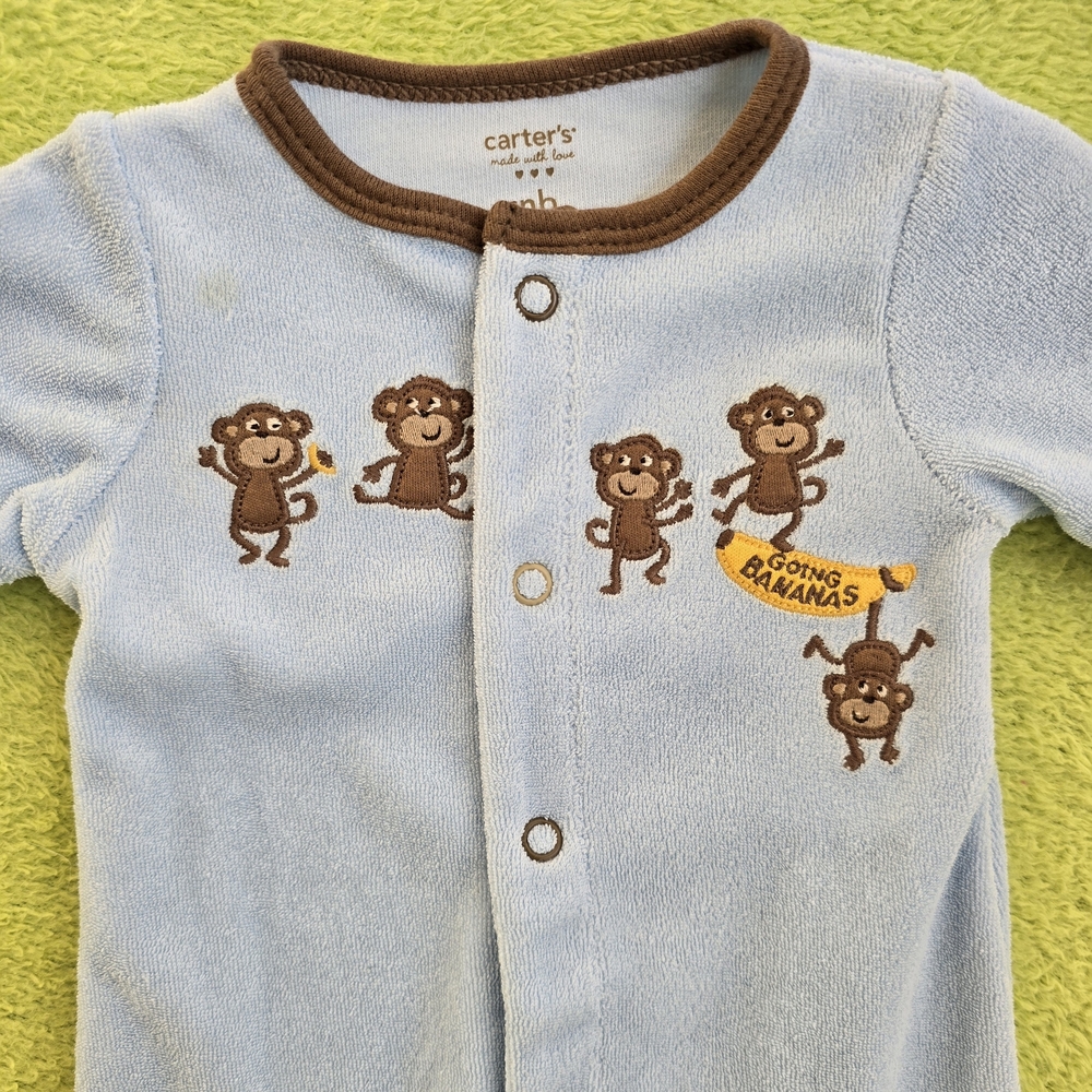 NWT NEWBORN BABY BOY FOOTIE Carter's Blue Terry Monkey GOING BANANAS (Q1)